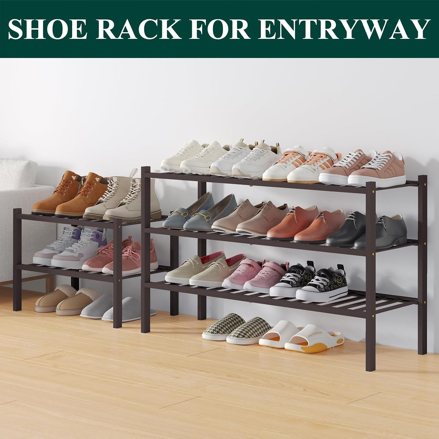 Smiry Bamboo Shoe Rack for Closet, 3 Tier Wooden Shoe Organizer, Stackable Wood Shoe Storage Shelf for Entryway, 14 Vertical Slats, One-piece Heavy-Duty Legs, 26.77"x11.02"x18.31", Natural