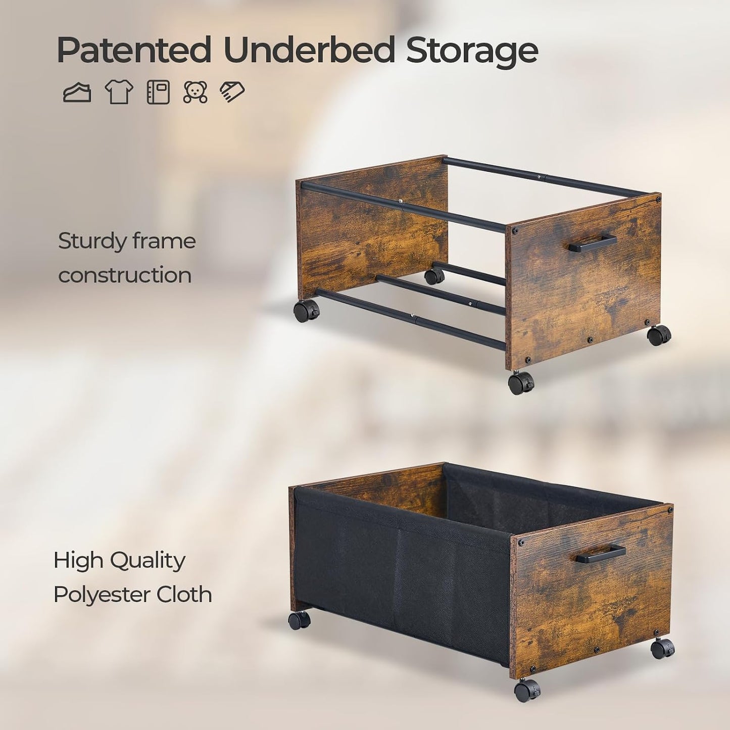 FOUCSSOMEI Under Bed Storage with Wheels, Wooden Under Bed Drawers On Wheels, Rolling Under Bed Shoe Storage, Space Saving, Rustic Brown,30L
