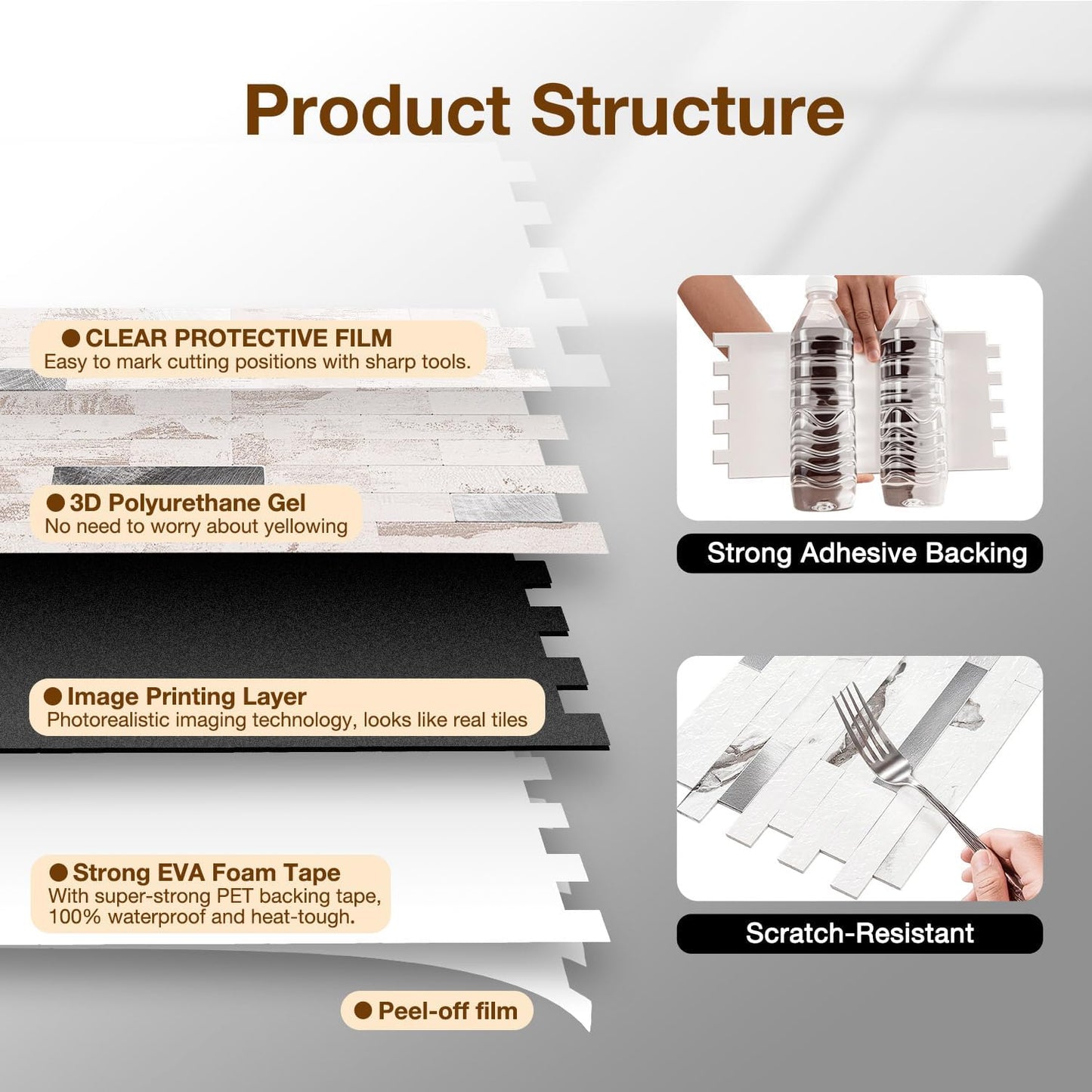 Peel and Stick Backsplash Tile Waterproof Removable PVC Wall Sticker 3D Faux Stone Marble Brick White Accent Panels (White Marble - Metal Silver, 20 Tiles - 9 sq. ft. (0.84 M²))