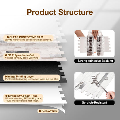 Peel and Stick Backsplash Tile Waterproof Removable PVC Wall Sticker 3D Faux Stone Marble Brick White Accent Panels (White Marble - Metal Silver, 20 Tiles - 9 sq. ft. (0.84 M²))