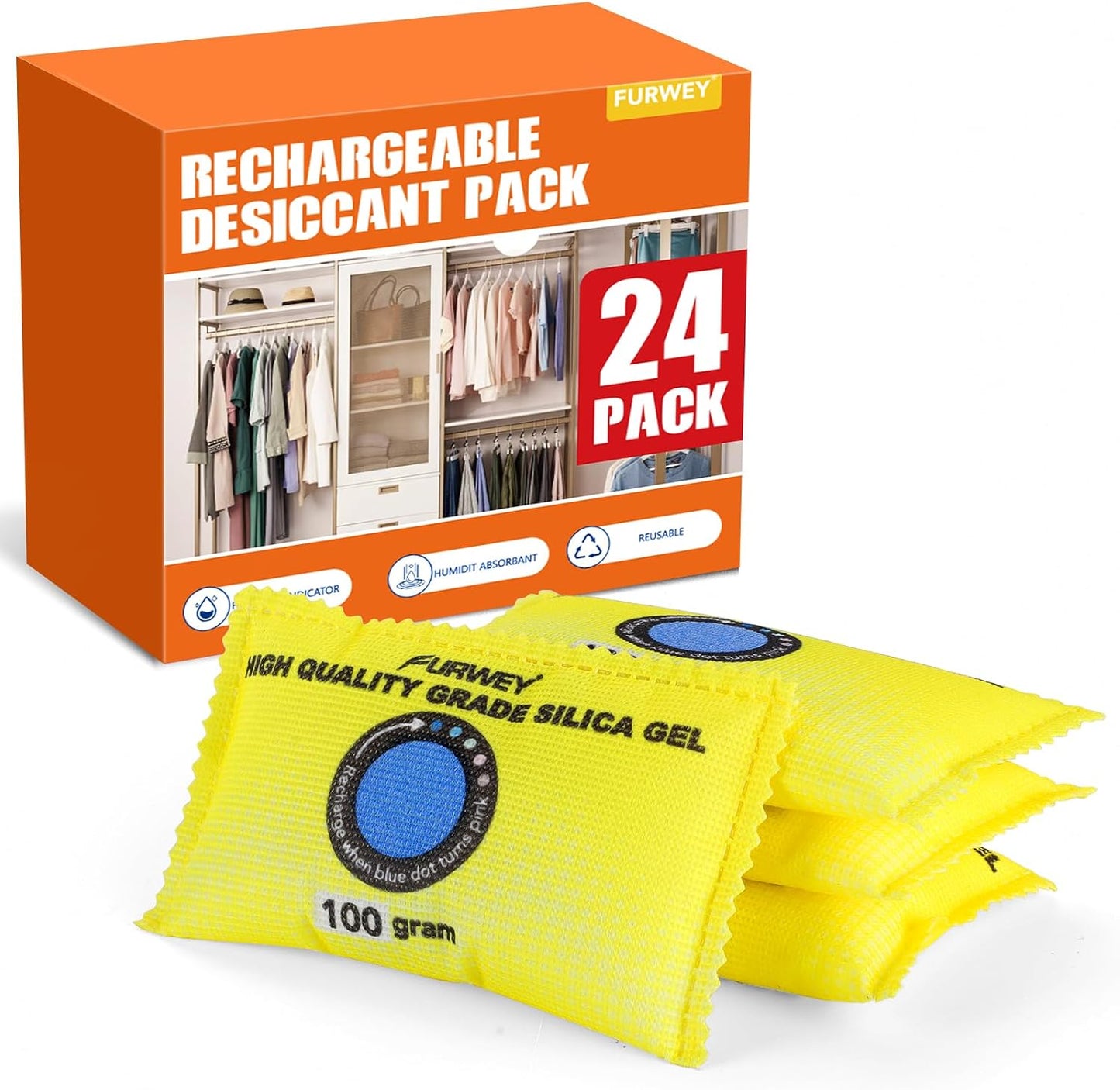 FURWEY 2 Pack Rechargeable Desiccant Packs, 100g Each, Blue, Color Indicating Silica Gel Dehumidifier Bags for Storage, Closets, Cars, Bins