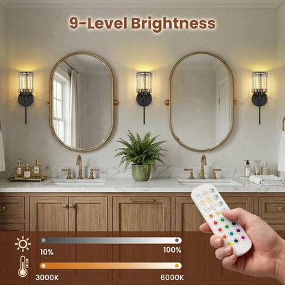 Crystal Battery Operated Wall Sconces, Brushed Gold Rechargeable Wireless Wall Sconce Lights with Dimmable Bulbs and Remote, 12 Colors and 3CCT Dimmable Crystal Lamps for Living Bedroom, 3000~6000K