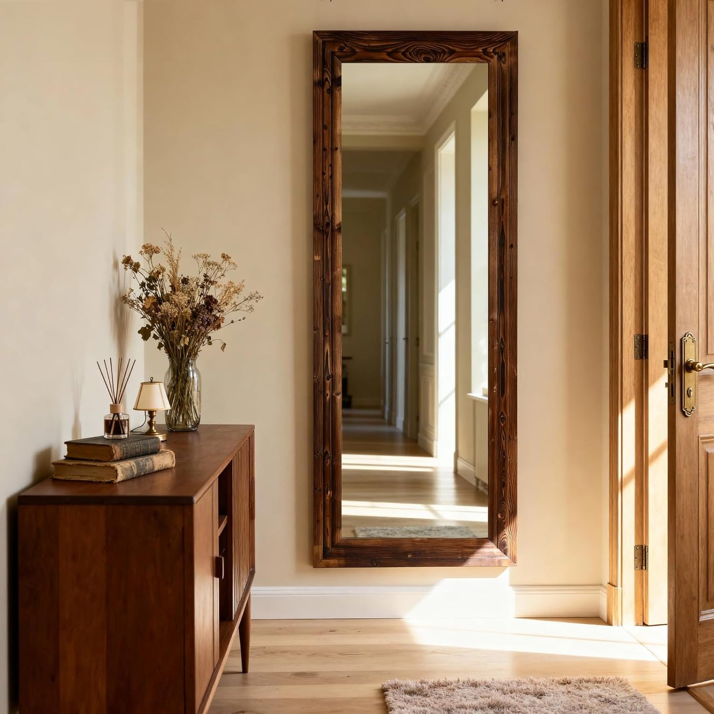 Full Body Mirror with Wooden Frame,Full Length Standing Floor Mirror for Farmhouse, Bathroom, Bedroom Decor, Hanging or Leaning Wall-Mounted,Brown