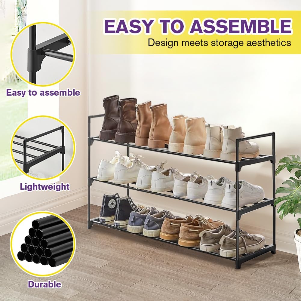 Shoe Rack - Metal Shoe Rack Organizer - Stackable Shoe Storage Shelf for Entryway, Closet, Bathroom 30cm(D) x 92cm(W) x 55cm(H) -Black (3-Tier)