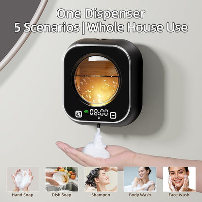 Automatic Foaming Soap Dispenser, Wall Mounted Soap Dispenser, 320ML Electric Smart Touchless Rechargeable, 5 Adjustable Foam Levels, No-Drill Waterproof for Bathroom, Kitchen, Office (Black)