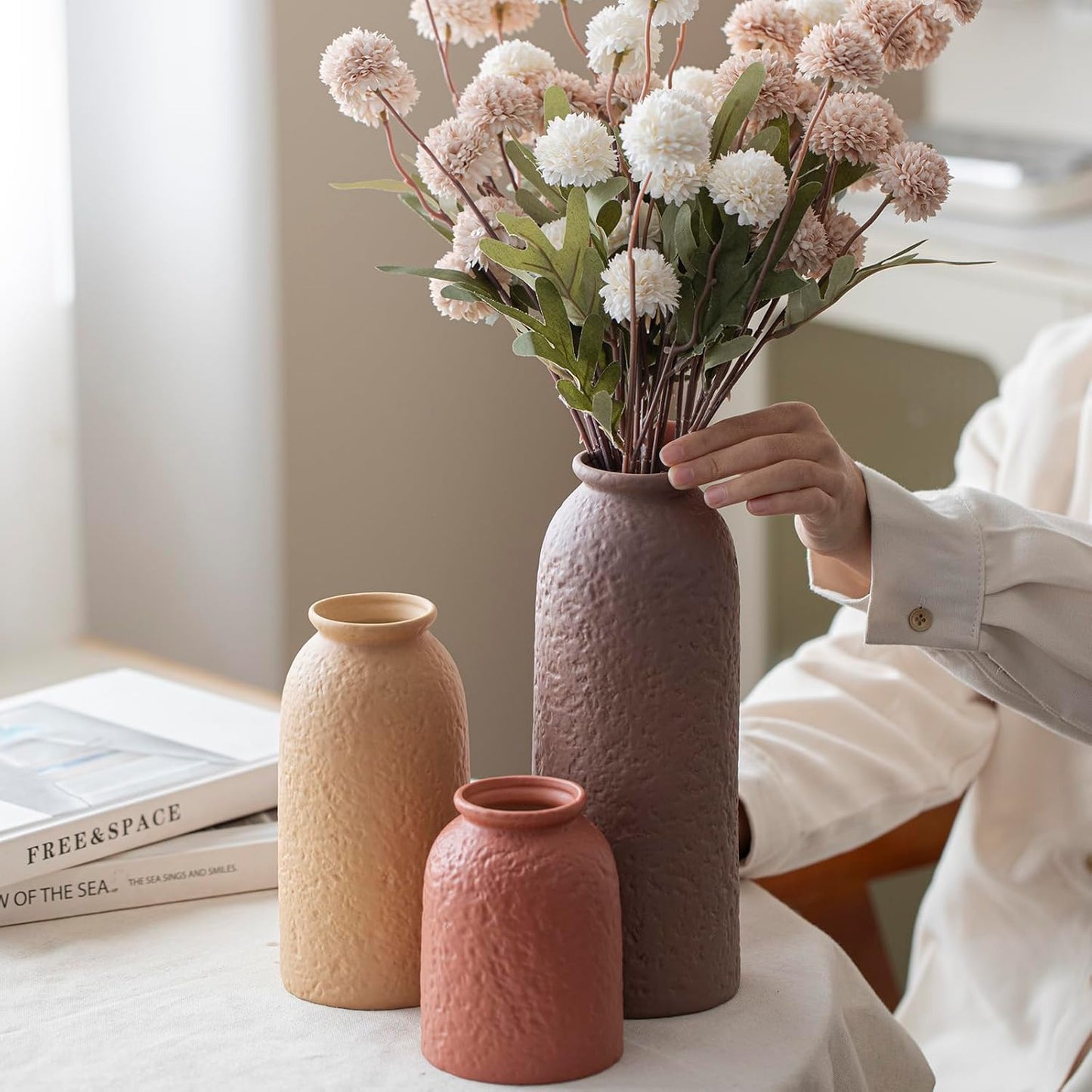 Ceramic Vase Set-3, Small Flower Vases for Decor, Modern Boho Farmhouse Style, Decorative Vases for Pampas Grass & Dried Flowers, Distressed Finish (Beige)