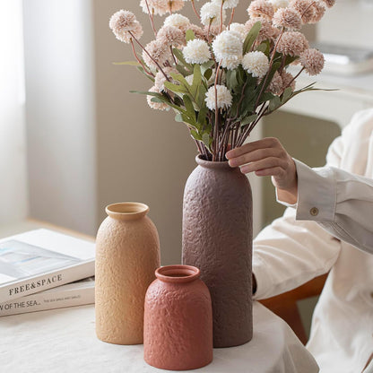 Ceramic Vase Set-3, Small Flower Vases for Decor, Modern Boho Farmhouse Style, Decorative Vases for Pampas Grass & Dried Flowers, Distressed Finish (Beige)