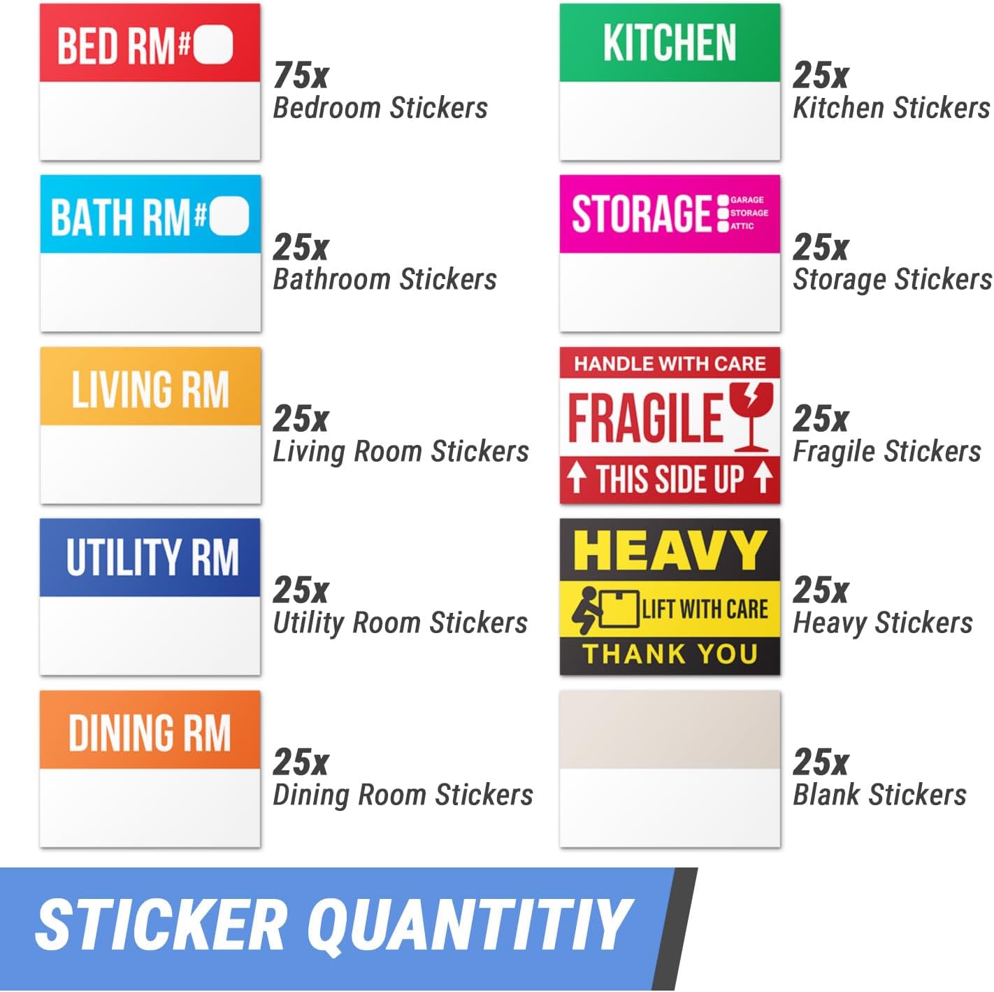 Home Moving Labels (3 x 2 inch, 10 Designs - 300 Labels) for 1-2 Bedroom, Color Coded Moving Stickers w/Writable Note Area, Fragile, Heavy & Extra Blank Stickers