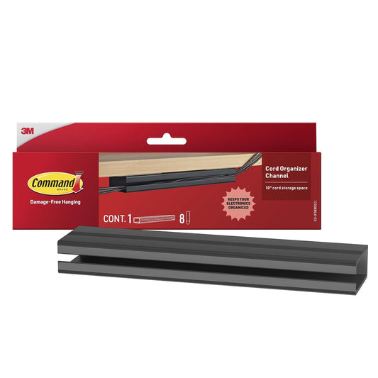 Command Cord Organizer Channel, 1 Channel with 8 Strips, 10" Cord Storage Space, Black, Great for Damage-Free Electronics Organization Under Desk or Wall Mount