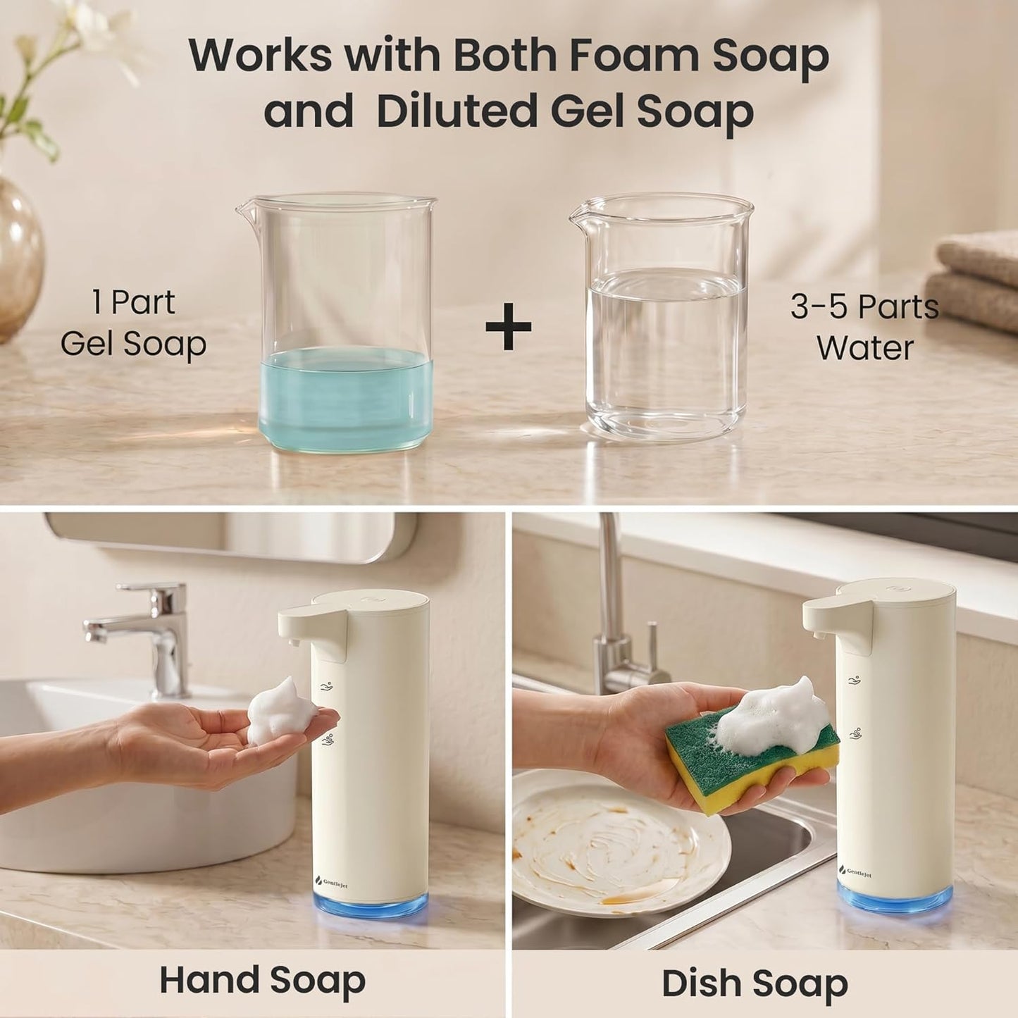 GentleJet EasyFoam Automatic Foaming Soap Dispenser Touchless Sensor, USB-C Rechargeable, 304 Stainless Steel, IPX5 Waterproof for Bathroom Kitchen Sink, 280 ml