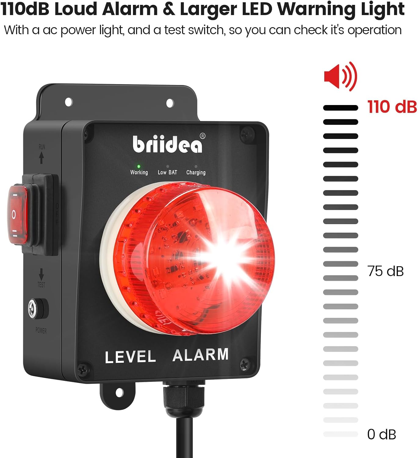 Sump Pump Alarm, Briidea Indoor/Outdoor High Water Septic Tank Alarm with 110dB Loud Alarm and Large LED Indicator, 10ft Level Float Switch, Ideal for Septic Sump Pump Pond Water Tank