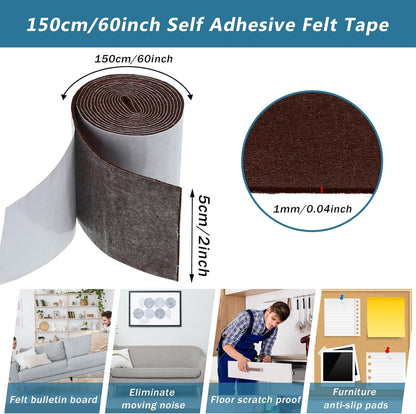 Shappy 2 Packs 120 x 2 x 0.12 Inch Felt Strips with Adhesive Backing Felt Tape Roll Non Slip Self Adhesive Cuttable Furniture Pads for Protecting Hardwood Floors, Chairs, Wall(Dark Brown)