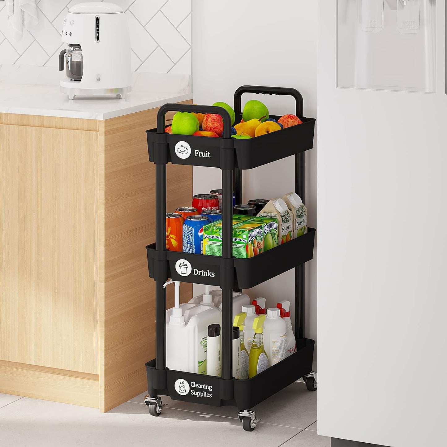 Laiensia 3-Tier Rolling Cart with Wheels,Multifunction Utility Storage Carts, Kitchen Storage Organizer,Mobile Shelving Unit for Bathroom,Laundry,with Classified Stickers,White