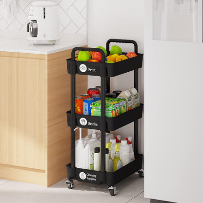 Laiensia 3-Tier Rolling Cart with Wheels,Multifunction Utility Storage Carts, Kitchen Storage Organizer,Mobile Shelving Unit for Bathroom,Laundry,with Classified Stickers,White