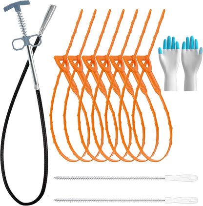 Drain Snake, 79 Inch Drain Clog Remover Tool with pair of Reusable Gloves – Flexible Grabber Claw Hair Drain Cleaner for Sink, Shower, Tub, Toilet, Bathroom & Kitchen Pipes