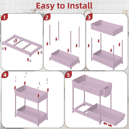 Sevenblue 4-Pack 2-Tier Under Sink Organizer with Pull Out Drawers | Multi-use kitchen & bathroom storage. Includes hanging hooks and cups. Black, space-saving cabinet design.