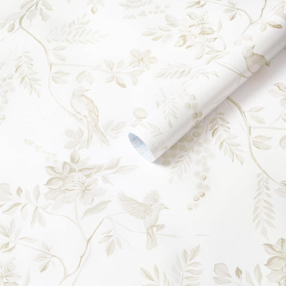 Dimoon 17.3''x78.7'' Vintage Peel and Stick Wallpaper Boho Beige Neutral Contact Paper White Floral Bird Wallpaper Removable Botanical Renter Friendly Modern Wall Paper Bedroom Bathroom Vinyl Roll