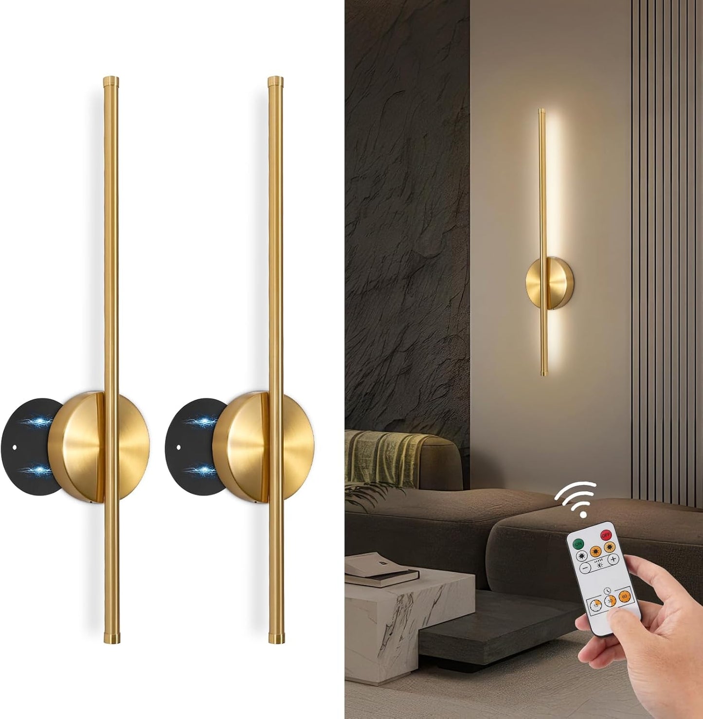 TaoFiaCo Battery Operated Wall Sconces Set of Two,Rechargeable Wall Sconces Set of 2 with Remote Control Dimmable Wall Light Decor for Living Room, Bathroom for, 24 Inch, Gold
