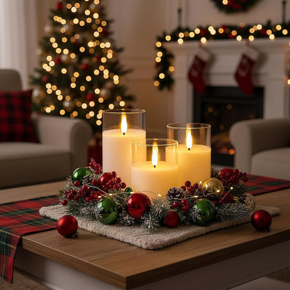 Homemory Green Glass Flameless Candles, Battery Operated LED Pillar Candles with Remote Control and Timer, Radiance Candles, Real Wax, Set of 3,D3 xH4 5" 6"