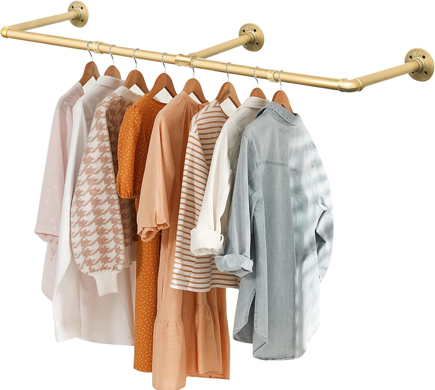 Gold Wall Mount Iaundry Drying Rack - 54" Pipe Garment Rack, Portable Heavy Duty Iron Closet Hanger Rod, Modern Metal Detachable DIY Hanging Bar for Laundry Room and Closet Storage