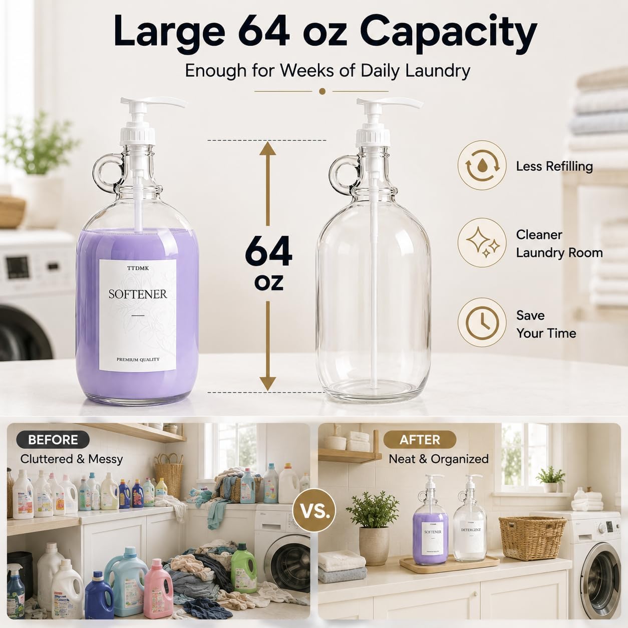 2 Pcs Glass Liquid Laundry Detergent Dispenser, Half Gallon Laundry Soap Dispenser for Laundry Room (64 oz. Each), Laundry Detergent Bottles with Pump Dispenser -Includes Labels, Funnel, Measuring Cup