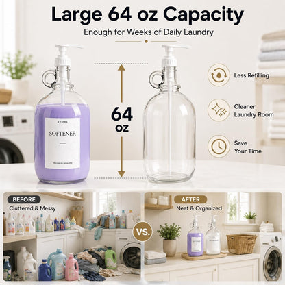 2 Pcs Glass Liquid Laundry Detergent Dispenser, Half Gallon Laundry Soap Dispenser for Laundry Room (64 oz. Each), Laundry Detergent Bottles with Pump Dispenser -Includes Labels, Funnel, Measuring Cup