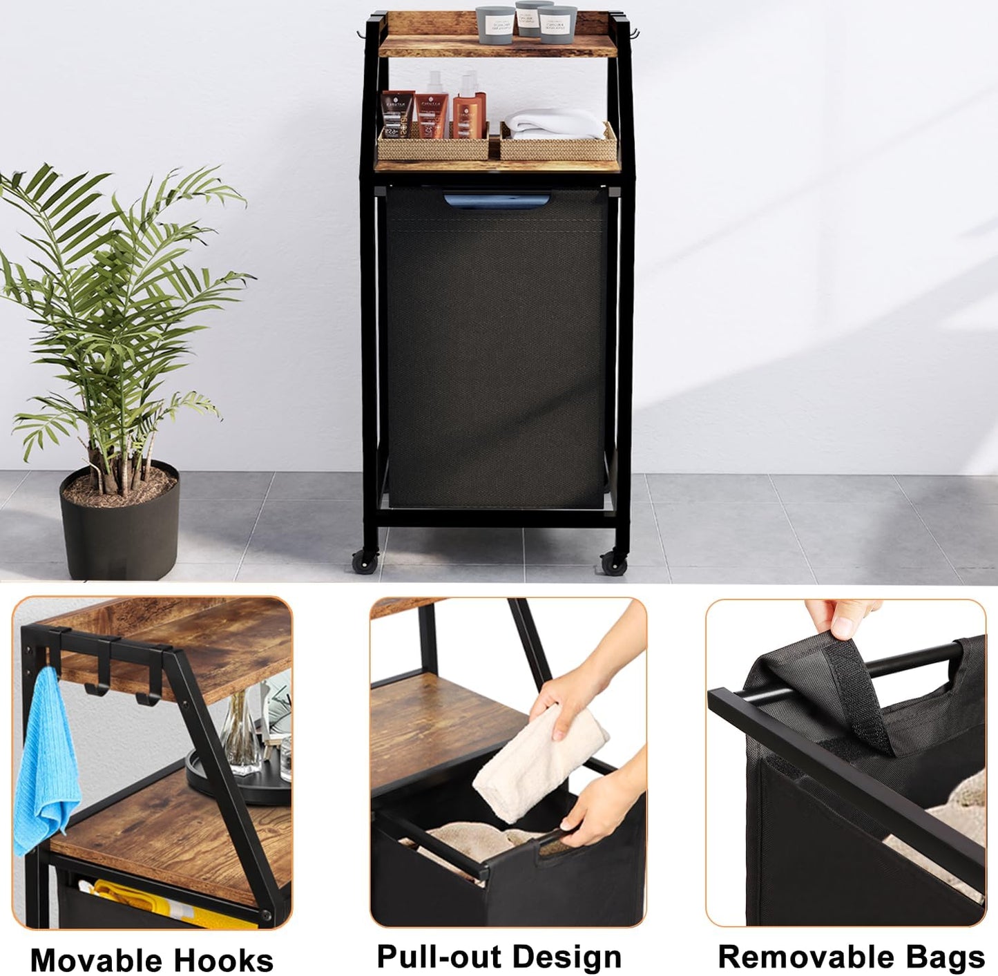 Timberer Laundry Hamper, Laundry Sorter 3 Section, Rolling Laundry Basket with Wheels, 2 Shelves, 3 × 14.5 Gal, Pull-Out and Removable Oxford Fabric Bags, for Laundry Room, Black and Rustic Brown