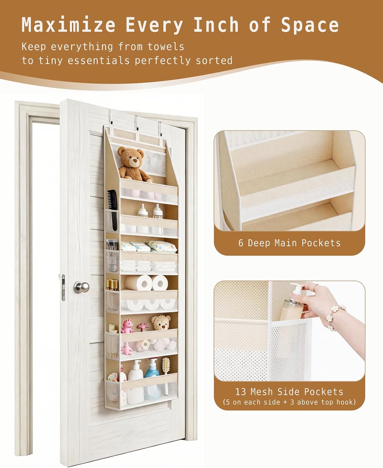 KMSCO Over The Door Organizer, 6 Large Pockets + 13 Mesh Side Pockets, Hanging Storage, 55lbs Capacity, Heavy Duty Non-Woven Fabric for Baby Nursery, Bathroom, Pantry, Closet, Beige, 1 Pack