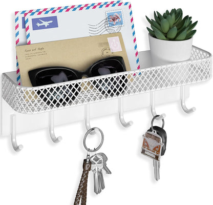 Lwenki Key Holder for Wall – Decorative Stainless Steel Key Hanger with 6 Hooks for Hats, Bags, Leashes – Mail Holder Key Rack with Mounting Hardware and Guide (9.65” x 2.8” x 2.2”) (Black)