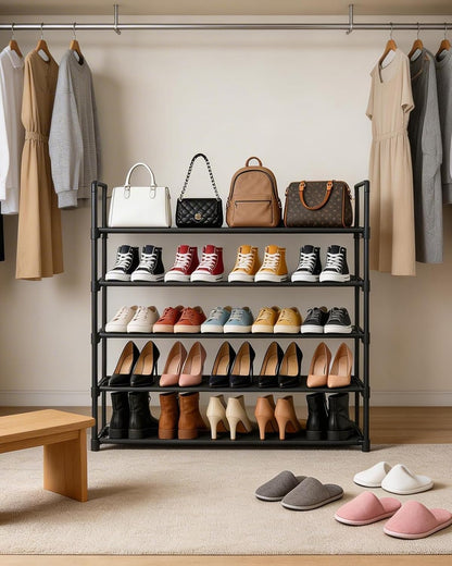 Upgrade Stackable Small Shoe Rack, 4-Tier Shoe Shelf Storage Organizer with Handle for Entryway, Hallway and Closet (Black)