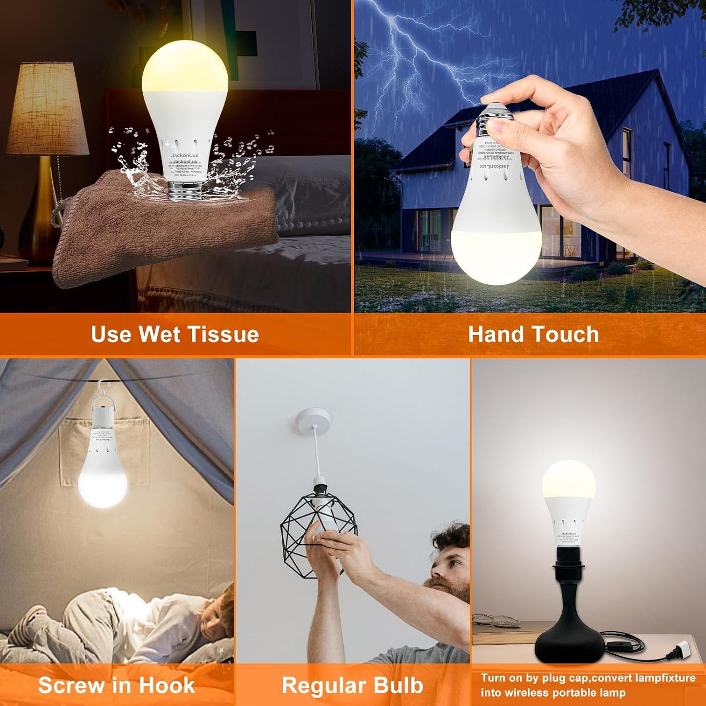 JackonLux Rechargeable Emergency LED Bulb Multi-Function Battery Backup Emergency Light for Power Outage Camping Outdoor Activity Hurricane (4, White-5000K-4PK)