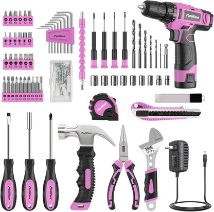 PULITUO Drill Set, 149-Piece Home Tool Set with 12V Pink Cordless Drill, Tool Box, Hand Tool Kits for Women & Men and DIY Enthusiasts, for Home Improvement