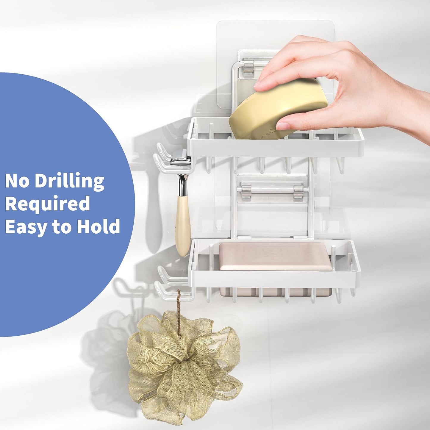 Moforoco Double Soap Bar Holder for Shower, No Drilling, 304 Stainless Steel, Wall Mounted Soap Holder with 4 Hooks and Razor Holder, Shower Rack Soap Tray Bar Soap for Bathroom Accessories Organizer