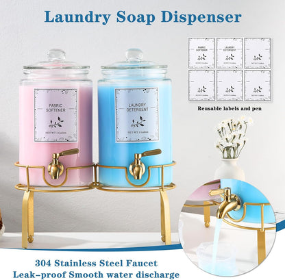 Glass Laundry Detergent Dispenser- 1 Gallon Glass Fabric Softener Dispenser with Leak-Proof Stainless Steel Faucet & Stand. Large Laundry Soap Container for Washer Room Organization &Storage
