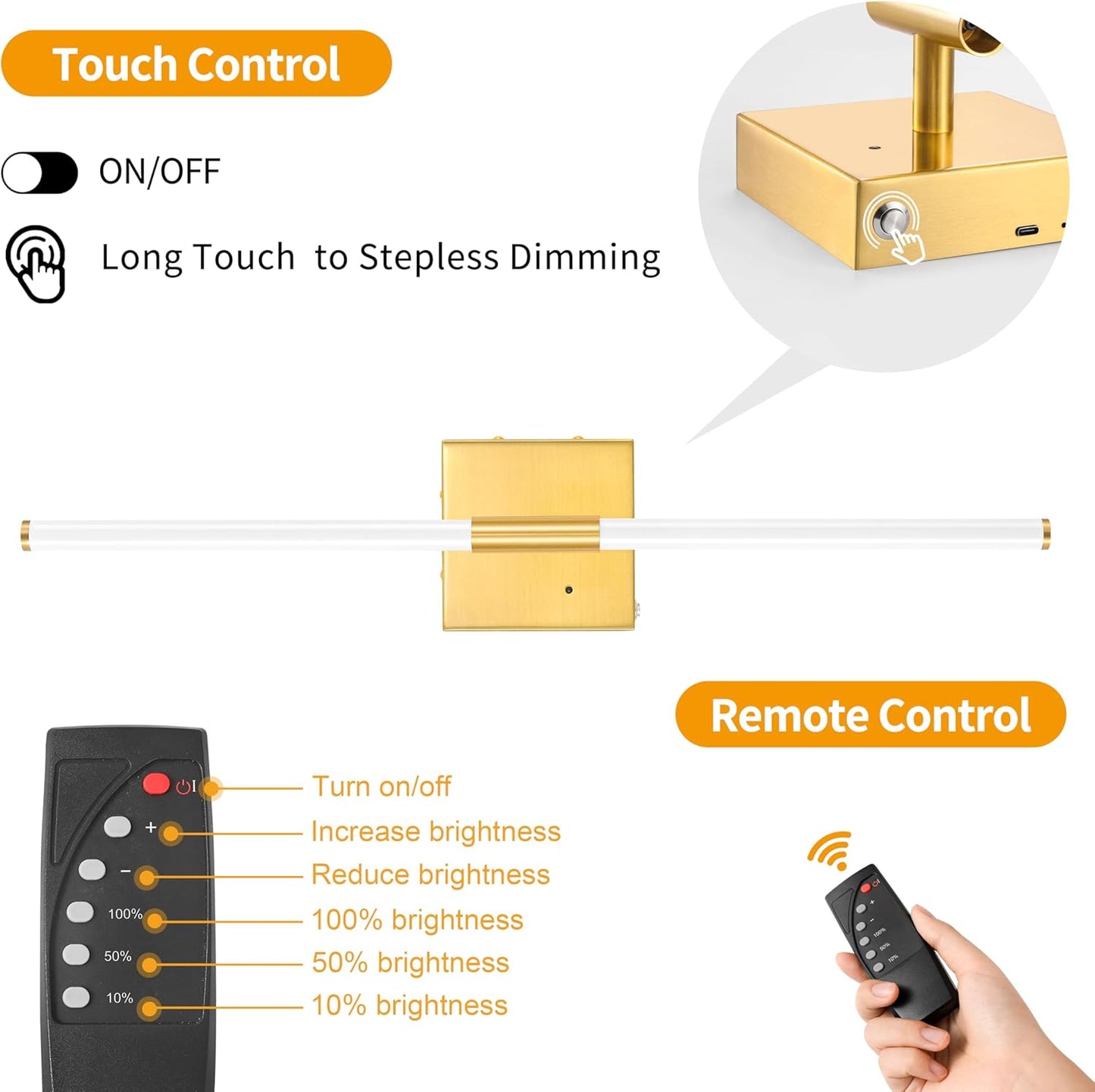 Morauroral Battery Operated Wall Sconces Set of 2, 10000mAh Rechargeable Sconces, 3000K-6000K Dimmable LED Wall Lamp with Remote, 24 Inch Black Gold Wireless Wall Lights for Bedroom, Living Room