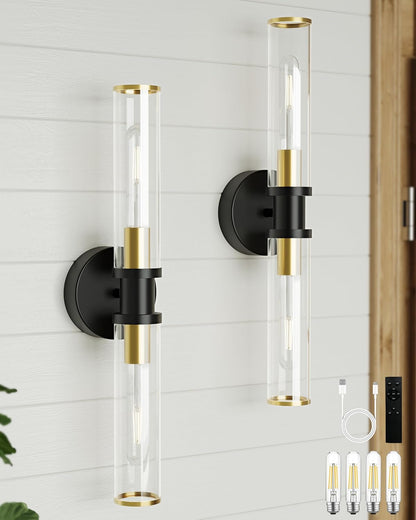 Wireless Wall Sconces with Remote Control, Battery Operated Wall Sconce Set of 2 with Timer, Gold Rechargeable Dimmable Glass Wall Lights for Living Room Bedroom Hallway Entryway 3000K, 20.5 Inch
