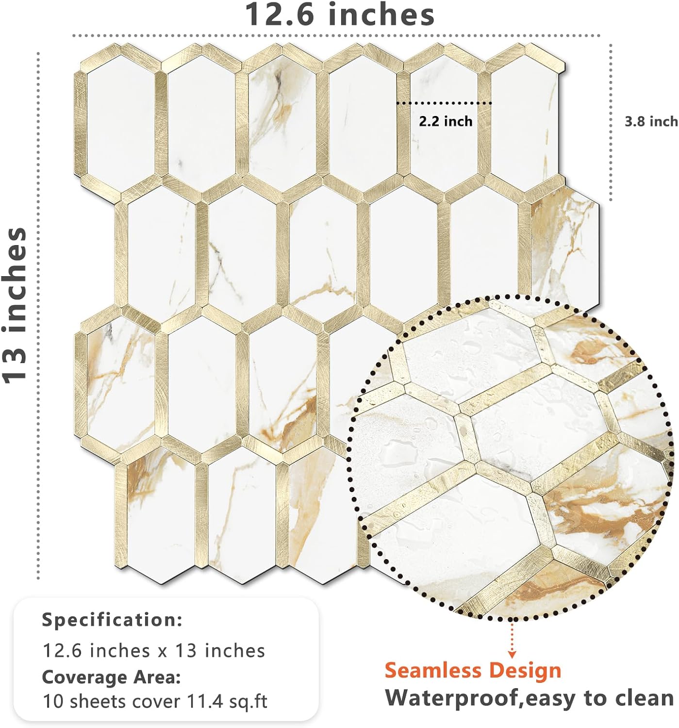 Vamos Tile Long Hexagon Peel and Stick Backsplash Tile - 10 Sheets Stick on Backsplash for Kitchen and Bathroom 12.4 x 12 Inch Glossy Wood Grain PVC Self Adhesive Mosaic Wall Tiles