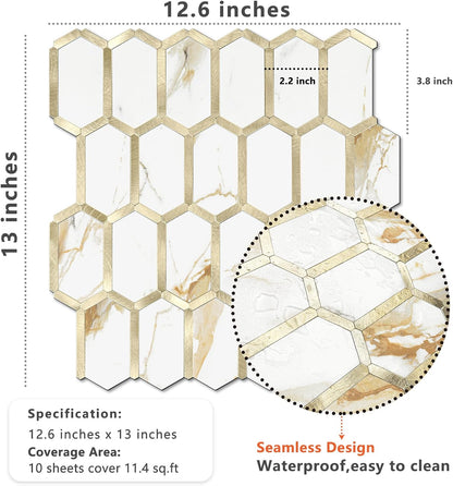 Vamos Tile Long Hexagon Peel and Stick Backsplash Tile - 10 Sheets Stick on Backsplash for Kitchen and Bathroom 12.4 x 12 Inch Glossy Wood Grain PVC Self Adhesive Mosaic Wall Tiles