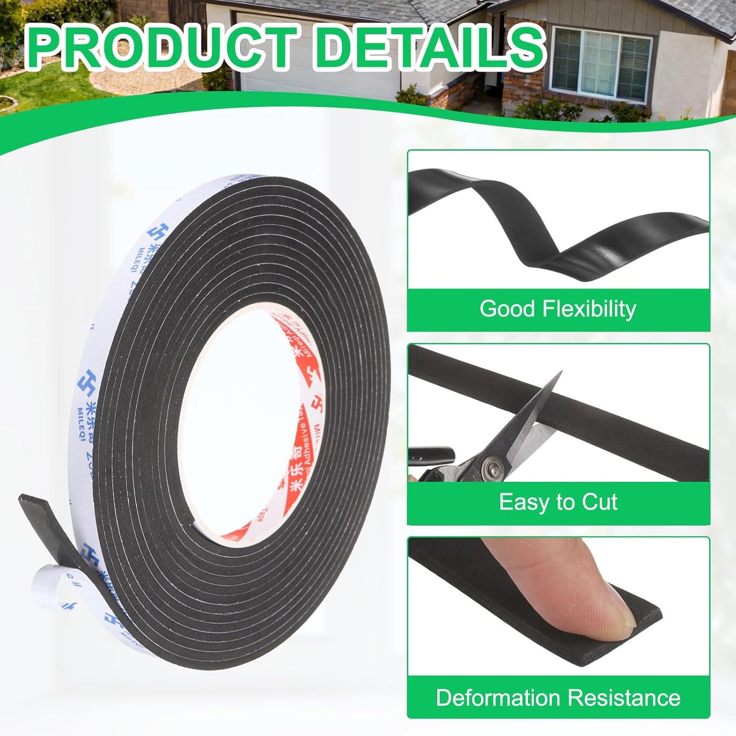 PATIKIL Sponge Rubber Foam Tape, 5/8" W x 1/8" t x 16.4ft l Self-Adhesive Foam Insulation Tape Weather Stripping for Window Door Soundproofing Weatherstrip AC Seal Strip, Black