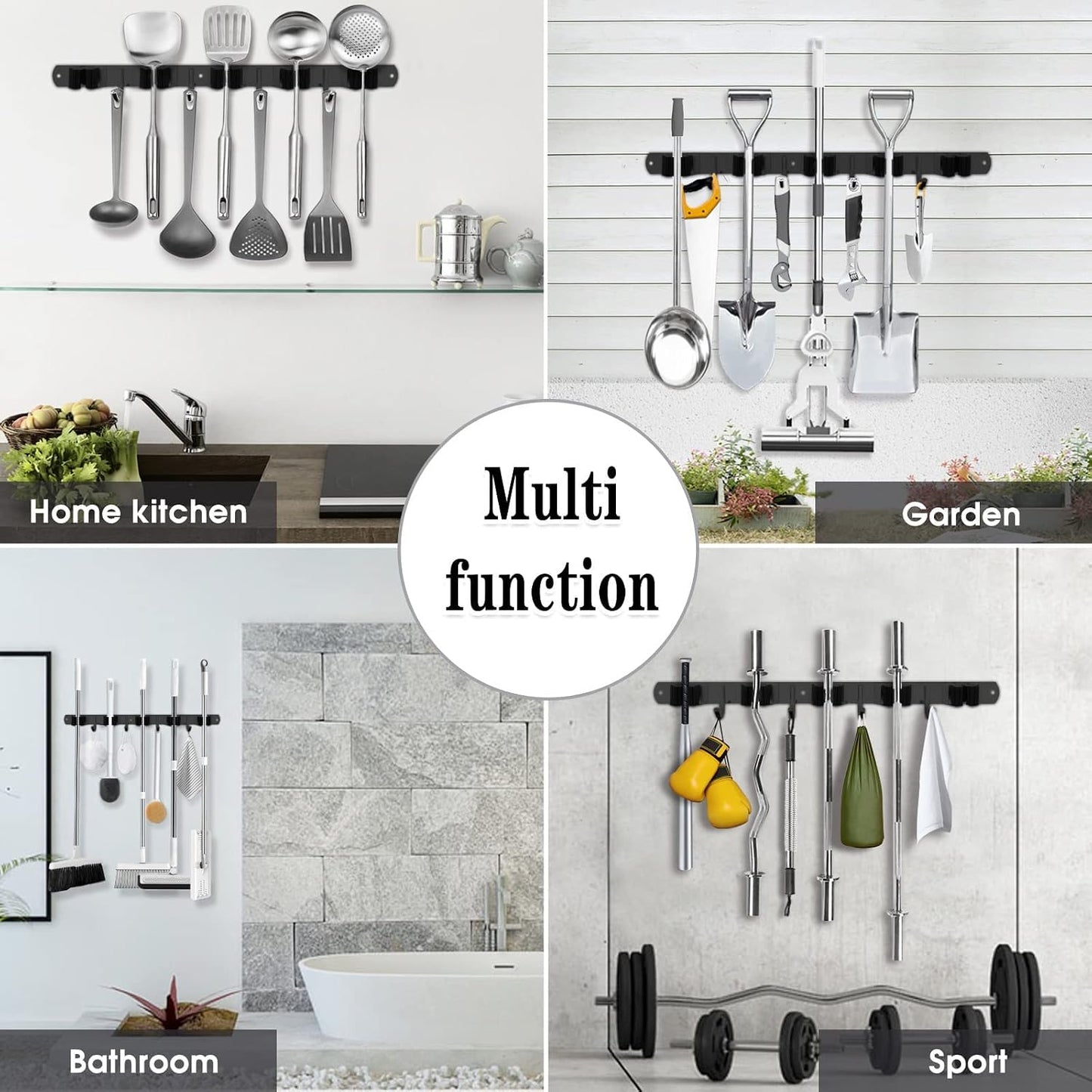 AceMining Broom Holder Wall Mount, 3 Racks 4 Hooks Heavy Duty Mop Organizer | Mop Holder Wall Mount and Broom Hanger for Garage, Laundry Room, Kitchen and Utility Storage