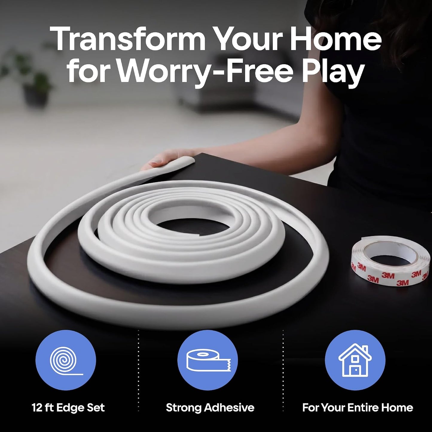 Premium 12ft Edge Protector for Baby, Odorless Foam Cushion with Strong Adhesive Tape, Non-Toxic to Baby Proof Corners and Edges, Wall Corner Protector & Desk Edge Cushion White