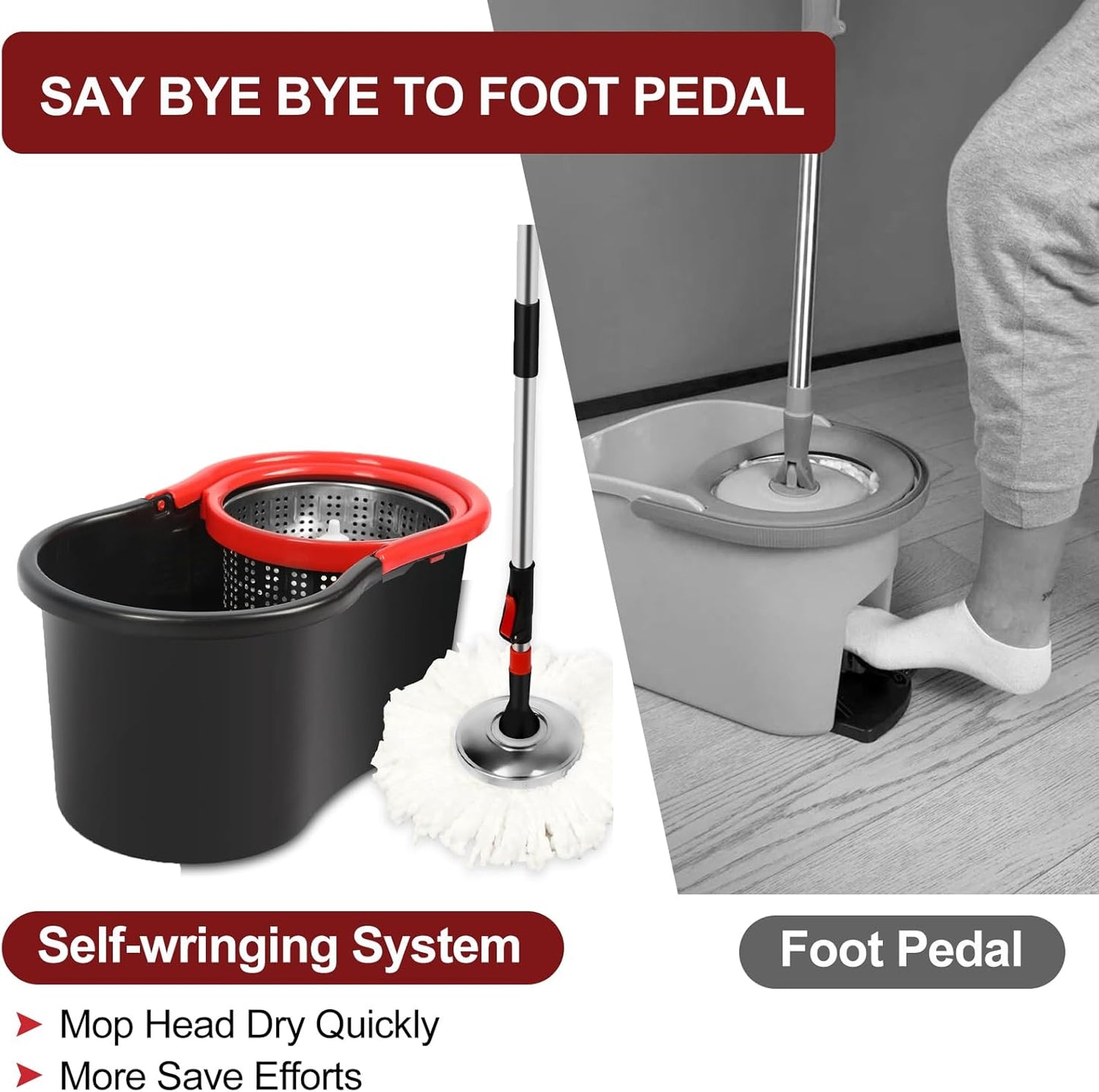Spin Mop and Bucket with Wringer Set on Wheels, 360 Spinning Mop with Stainless Steel Handle for All Hard Surfaces, Floor Cleaning System with 3 Microfiber Replacement Heads, Black/Red