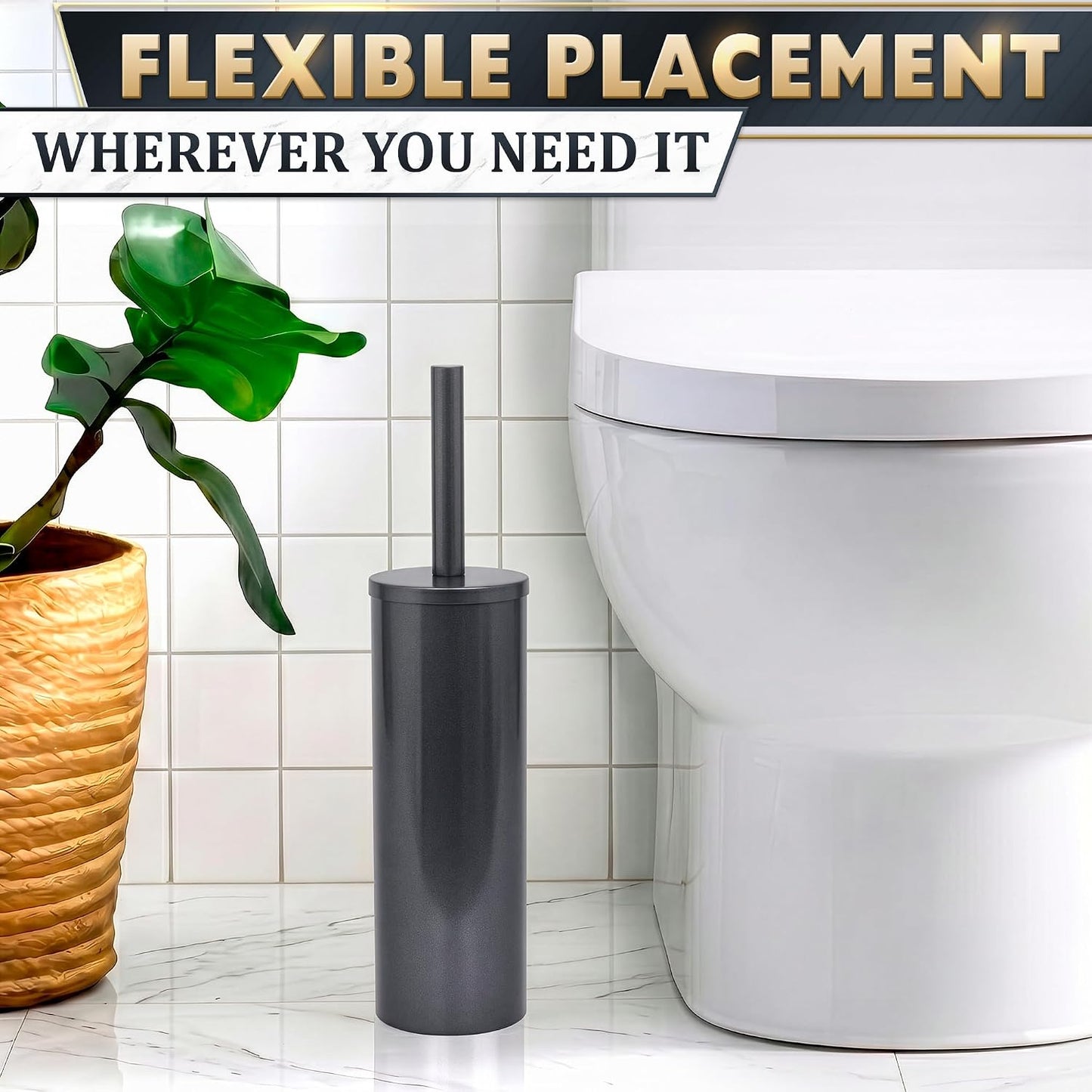 Black Toilet Brush and Holder Set - Slim Matte Design that Fits Anywhere - Stainless Steel Toilet Bowl Brush and Holder with 2 Rounded Corners, Replaceable Head, Removable Inner Bowl & Splash Guard