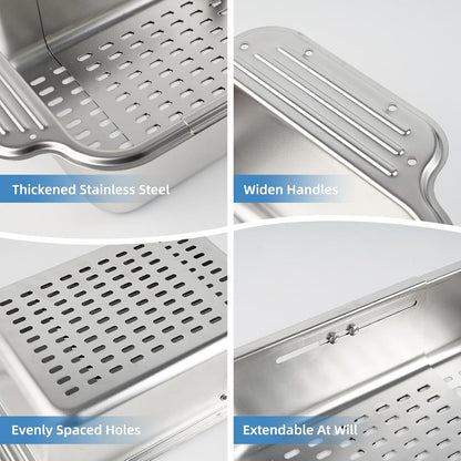 Over the Sink Colander Strainer Basket, ALL METAL Extendable Drain Colander | For Wash Vegetables and Fruits Dry Dishes, 6 Quart Large Size, New Home Kitchen Essentials