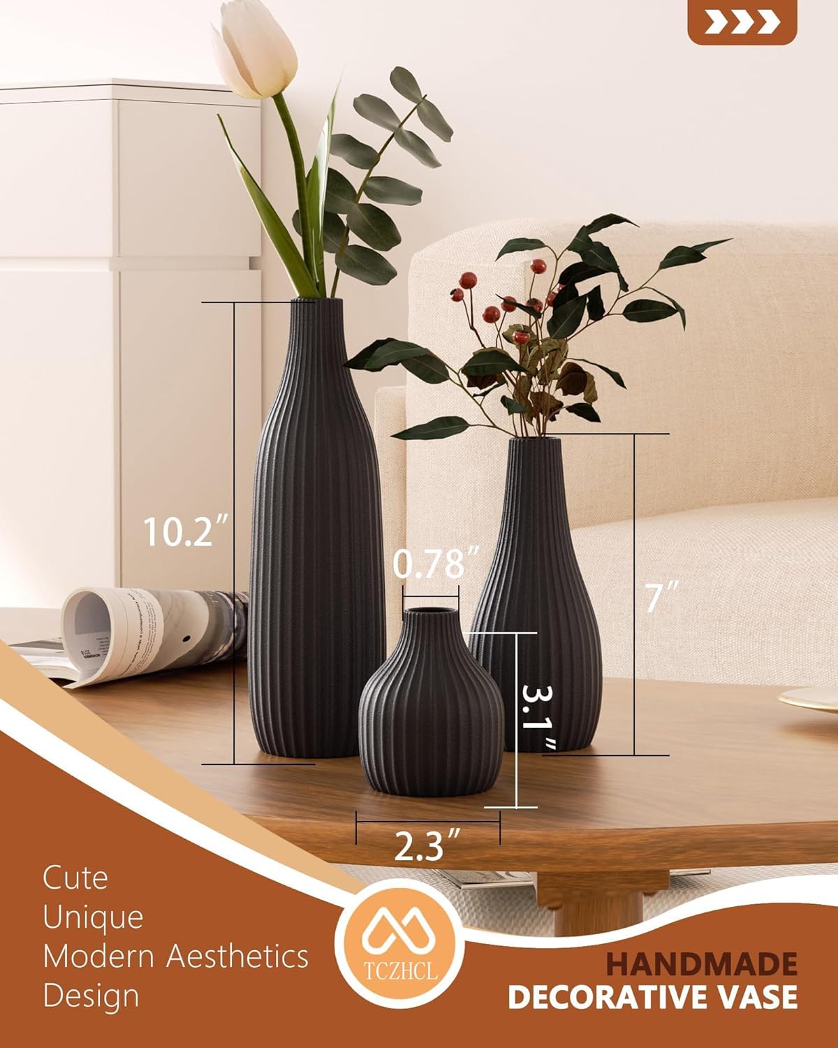 Minimal Line White Ceramic Vase Set of 3 - Modern Nordic Boho Decorative Vases for Home Table Decor, Shelf, Entryway, Coffee Table, Dining Table Centerpiece, Fireplace Mantel - Matte White