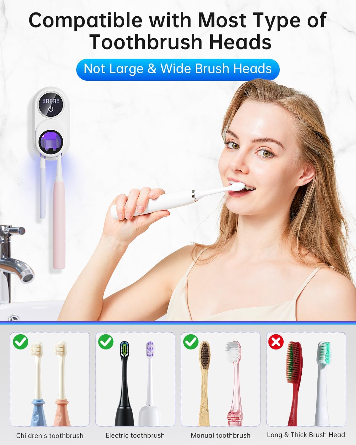 Toothbrush Holder & Toothbrush Cleaner, UV Toothbrush Sanitizer and Holder 2 Slots, Cleaning and Fan & Heat Drying, LED Smart Screen, Wall Mounted Tooth Brush Holder for Bathrooms (Black)