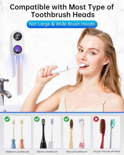 Toothbrush Holder & Toothbrush Cleaner, UV Toothbrush Sanitizer and Holder 2 Slots, Cleaning and Fan & Heat Drying, LED Smart Screen, Wall Mounted Tooth Brush Holder for Bathrooms (Black)