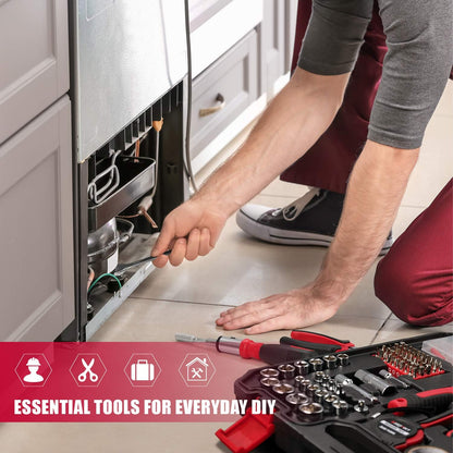 Eastvolt 128-Piece Home Repair Tool Set, Tool Sets for Homeowners, General Household Hand Tool Set with Storage Toolbox, EVHT12801, Black + Red (ASK01)