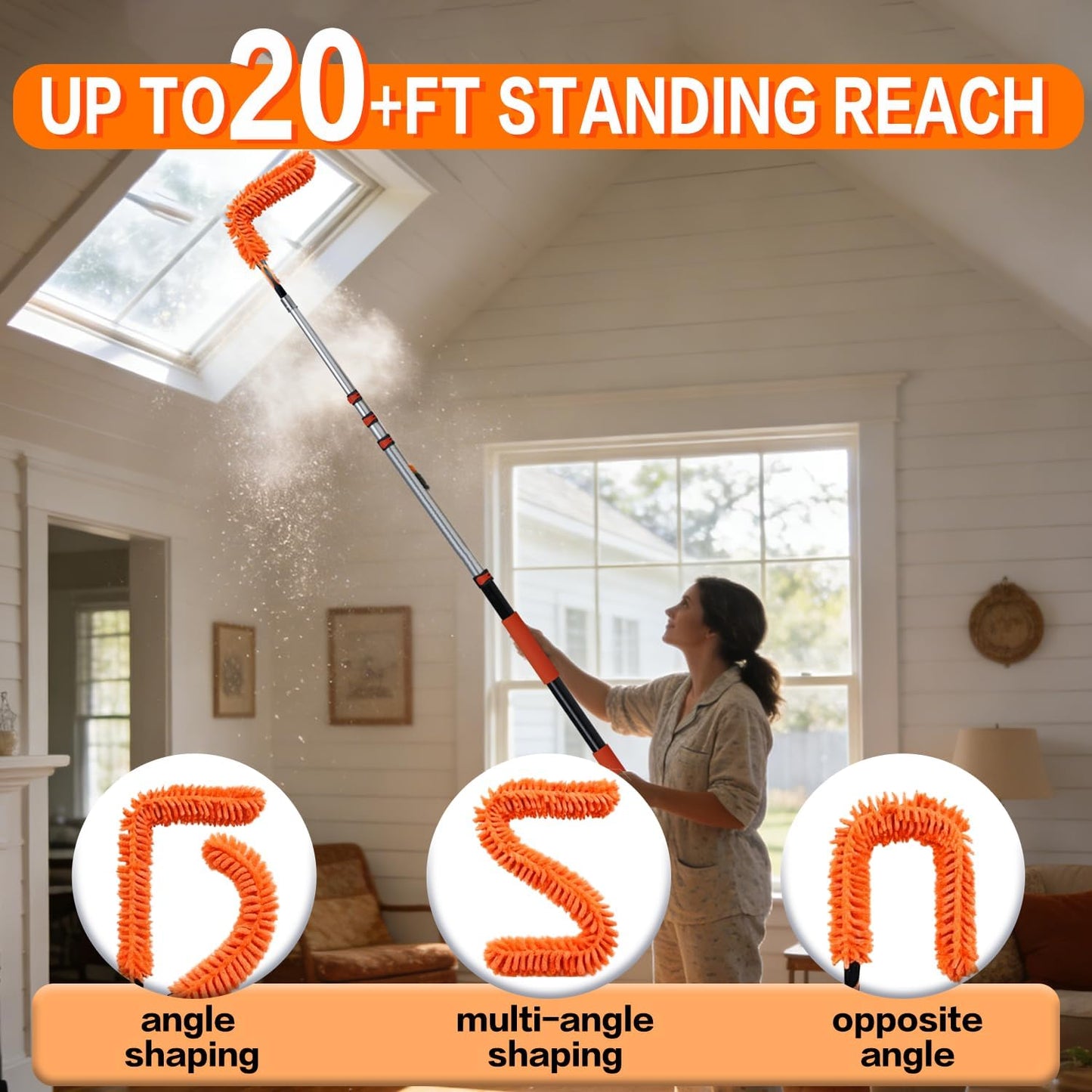 26FT High Reach Duster Cleaning Kit with 5-20 FTExtension Pole, High Ceiling Fan Cleaner Duster Tool for Fan Blades, Extendable Reusable Cobweb, Feather, Window Cleaning Squeegee Kit (20FT)