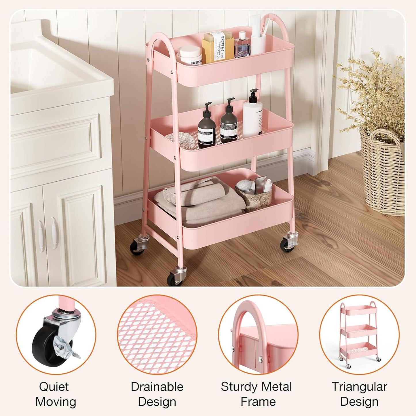 NEWBULIG 3-Tier Rolling Storage Cart, Metal Mobile Utility Organizer Shelf with Lockable Wheels, Space-Saving Freestanding Storage for Bathroom Living Room and Narrow Corner Spaces, Green